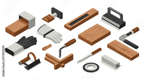 Isometric woodworking tools set with wooden textures in 3d style on white background