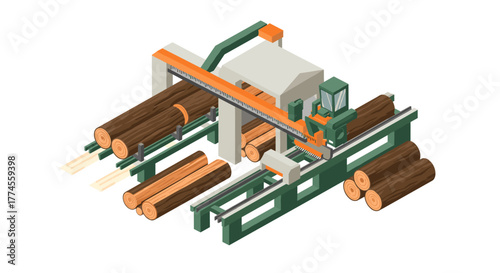 Isometric sawmill machine processing timber logs in industrial environment