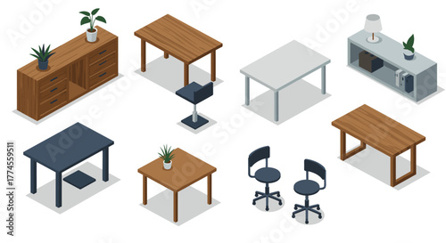 Isometric office furniture collection with desks, chairs, and cabinets