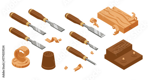 Carving tools and wood shavings in isometric design
