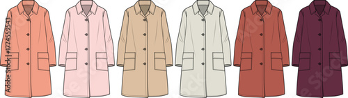 A diverse concept display of classic trench coats in an array of seasonal colors, presented as detailed technical fashion illustrations for design and apparel development