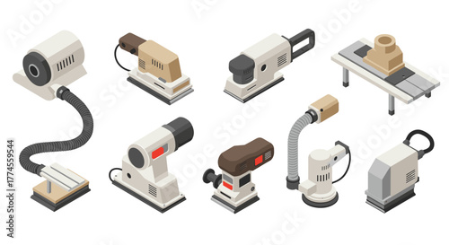 Modern isometric power tools collection for woodworking and diy projects