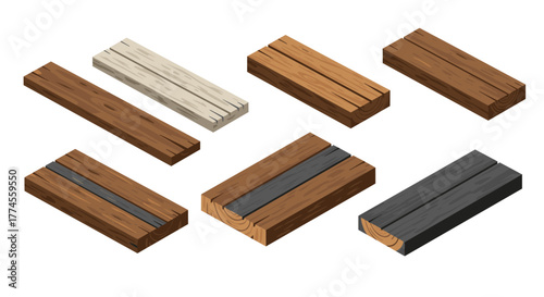 Isometric wooden planks set with diverse textures and colors