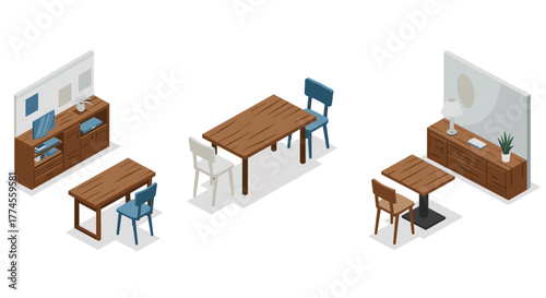 Modern isometric dining and living room furniture arrangement