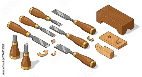 Isometric carpentry tools set: chisels, wood blocks, and shavings for woodworking projects