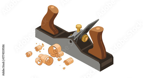 Traditional woodworking tool with shavings in isometric style
