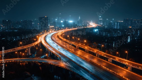 A sprawling highway network crisscrosses a city at night, illuminated by streaks of light from speeding vehicles. 
