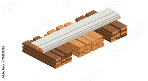 Stacks of wooden planks and boards in isometric style for construction design