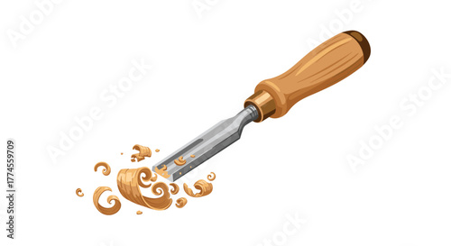 Wood carving tool with shavings on white background