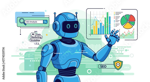 AI-Powered SEO Analysis: Robot Analyzing Data and Optimizing Search Engine Strategies