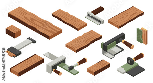 Isometric carpenter tools and wooden planks set for woodworking projects