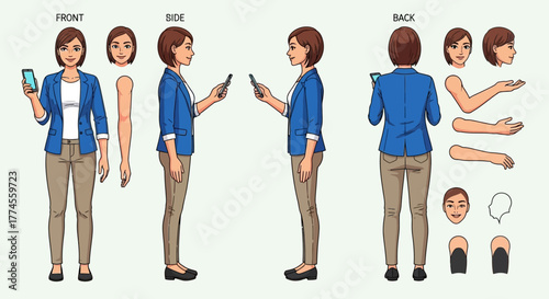 Illustration of a businesswoman in various poses with smartphone for animation purposes