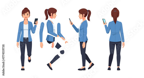 Animated businesswoman character creation kit with various poses and expressions