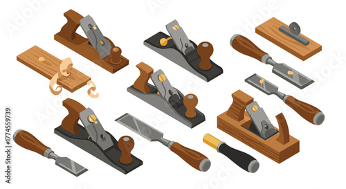 Vintage woodworking tools set with chisels and planes in isometric style