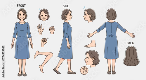 Illustration featuring an older woman in various poses showcasing different angles and actions