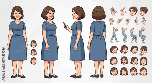 Cartoon character sheet of a woman in a dress, with various poses and expressions