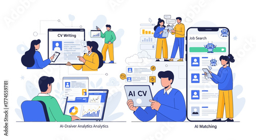 Illustration showcasing ai-powered cv analysis and job searching with analytics tools