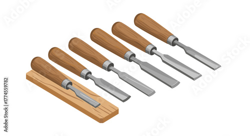 Isometric woodworking chisels on wooden block illustration for craft and design projects