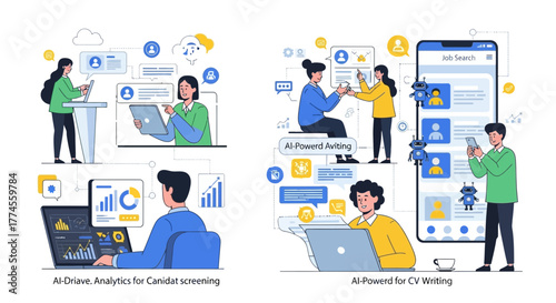 Illustrations depicting AI-driven analytics, candidate screening, and CV writing processes