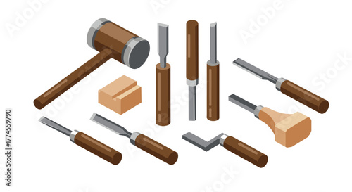 Isometric woodworking tools set with chisels, mallet, and sharpeners
