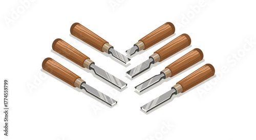 Isometric woodworking chisels set with wood handles on white background