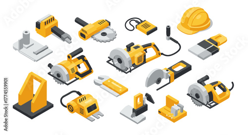Isometric power tools set including saws and safety helmet on white background