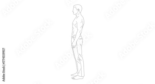 Line art depiction of a shirtless man wearing pants, profile view illustration
