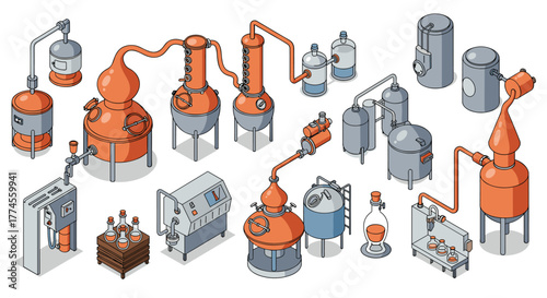 Isometric brewery and distillery equipment set for craft beverage production