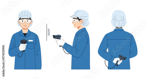 Illustrations of a worker scanning barcodes in a cleanroom environment with precision