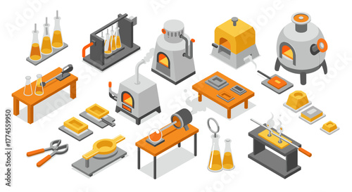Isometric laboratory equipment set with flasks and furnaces in orange and gray tones