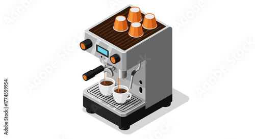 Modern isometric coffee machine with cups and espresso pouring on a white background