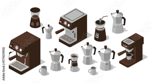 Isometric coffee maker collection featuring espresso machines and moka pots