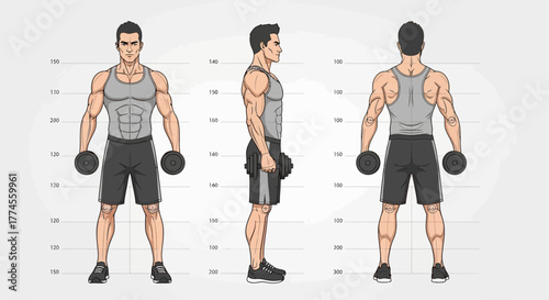 Illustrative muscular man lifting dumbbells, from front, side, and back view
