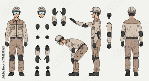 Detailed vector illustration showcasing a worker in safety gear, including multiple views