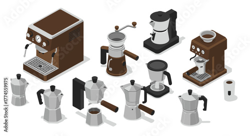 Isometric coffee maker set with espresso and moka pot designs