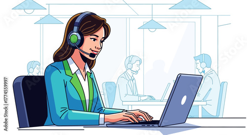 Illustration of a woman working in a call center with a headset and laptop
