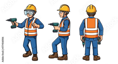 Cartoon illustration of a construction worker with a drill in three different views