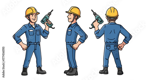 Illustrations of a construction worker holding a drill from different perspectives