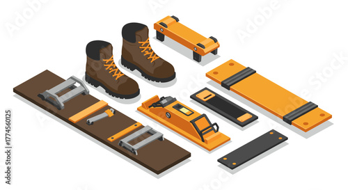 Isometric construction tools and safety boots set in orange and brown