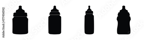 Four silhouette baby bottles isolated different shapes styles simple icons object representation