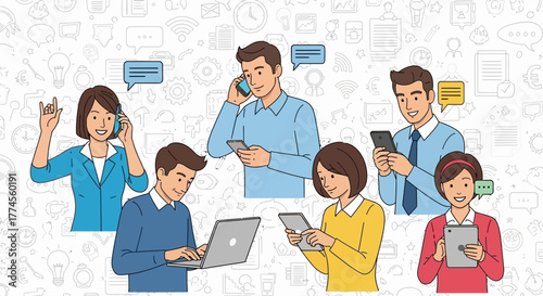 Diverse communication methods shown in an illustration with various devices usage