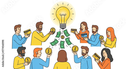 Crowdfunding concept showing idea being funded by people using money and credit cards