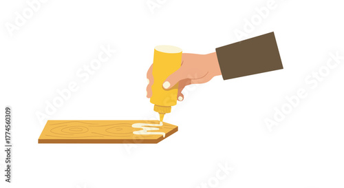 Hand holding glue bottle applying adhesive on wooden plank for diy projects