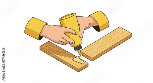 Isometric hands applying glue on wooden planks for diy construction project