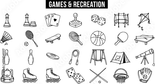 Games  Recreation Doodle Icons Set. Collection of Hand-drawn Line Art for Sports, Board Games, Outdoor Fun, and Leisure Activities Vector Illustration.