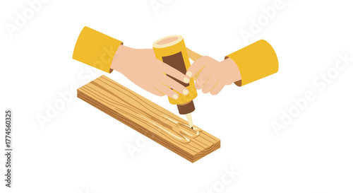 Hands applying glue to wooden plank in minimalist style
