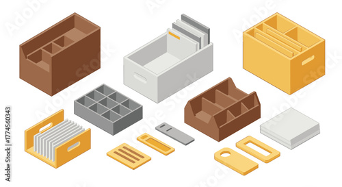 Isometric office organizers and document holders in minimalist style
