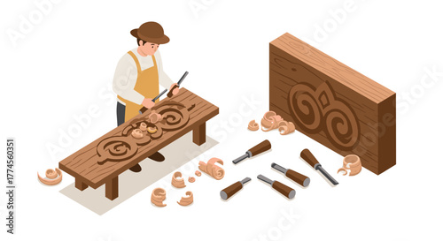 Isometric wood carving scene with artisan and tools in workshop setting