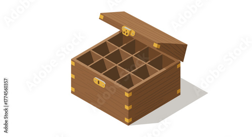 Isometric wooden treasure box with open lid and compartments on white background