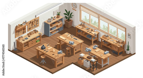Isometric workshop scene with wooden tables and tools in modern craft room